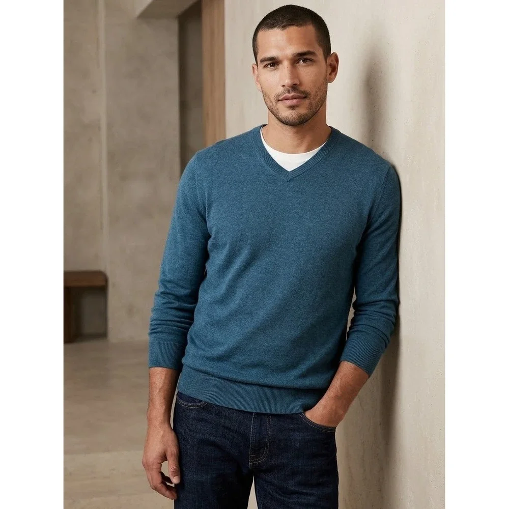 Banana Republic Mens Luxury Blend Silk Cashmere V-Neck Sweater Teal Blue M Soft